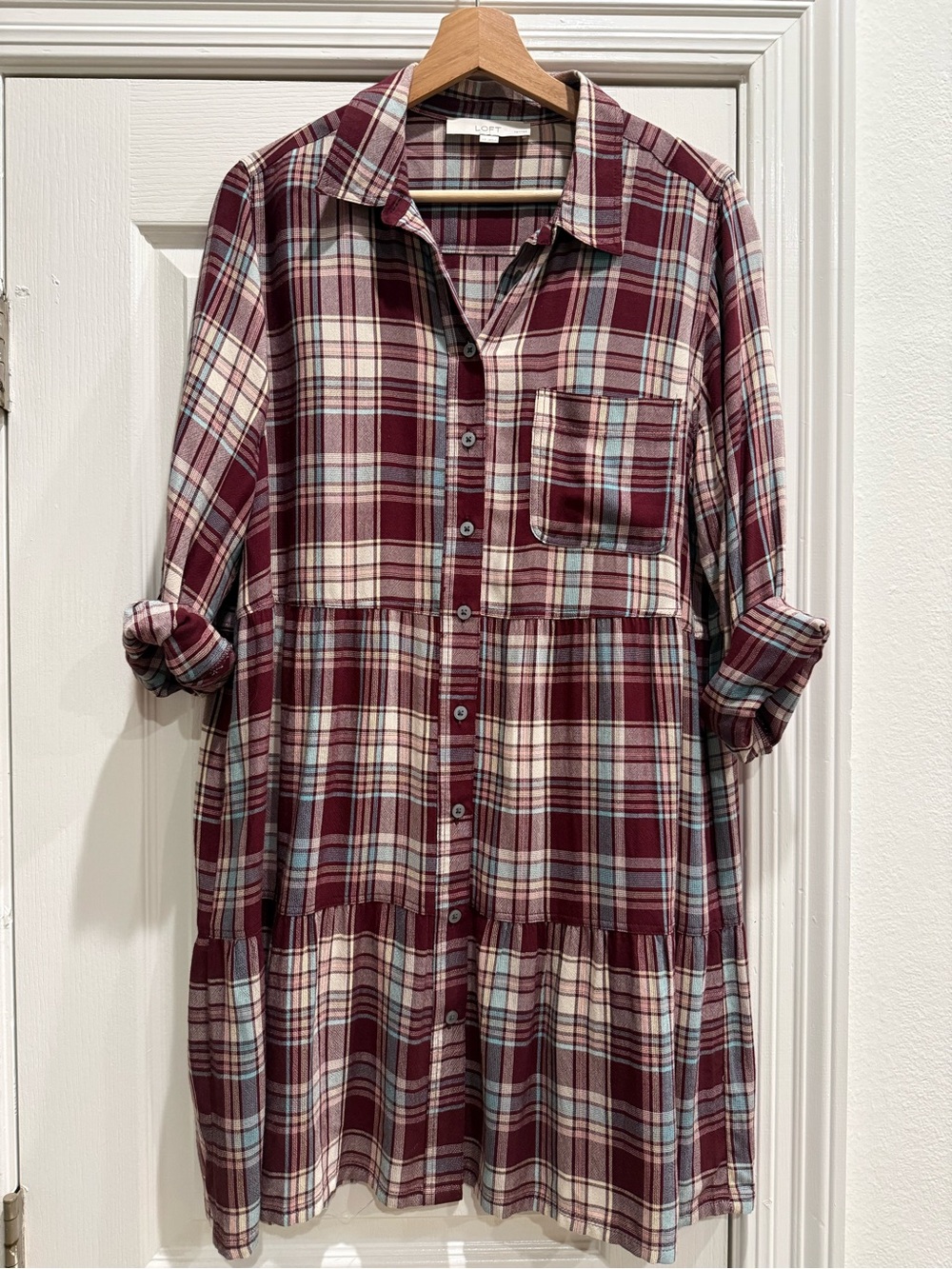 LOFT Burgundy Plaid Long-Sleeve Tiered Dress LP